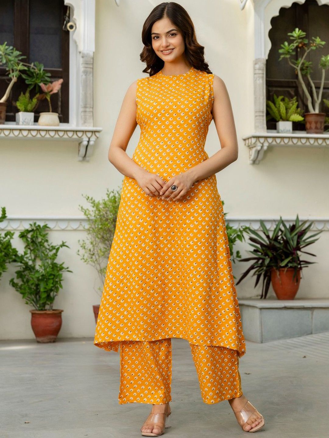 KALINI Ethnic Motifs Printed Round Neck A-Line Kurta With Palazzo