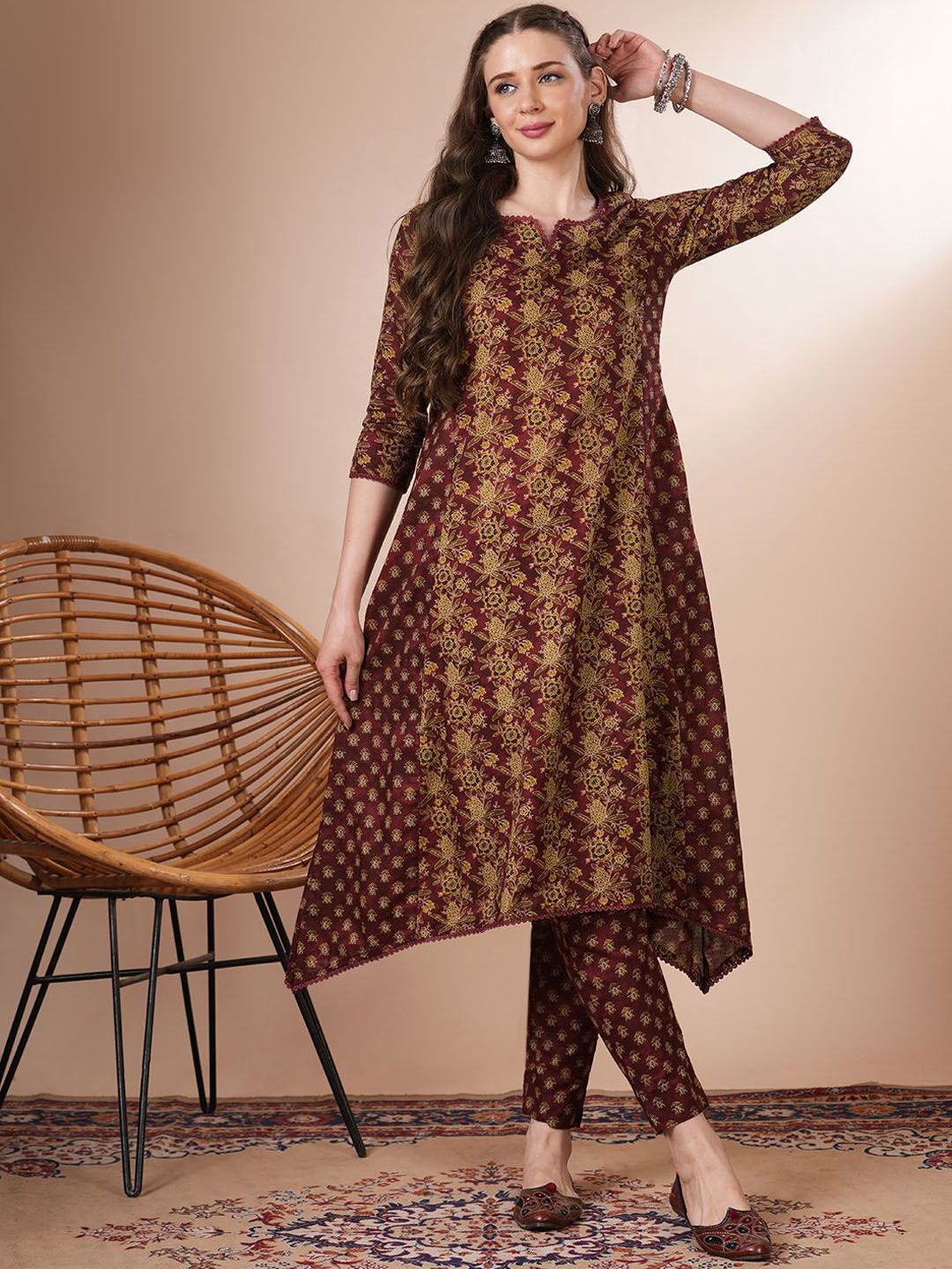 FASHOR Floral Printed Notch Neck Thread Work Pure Cotton A-Line Kurta With Trousers