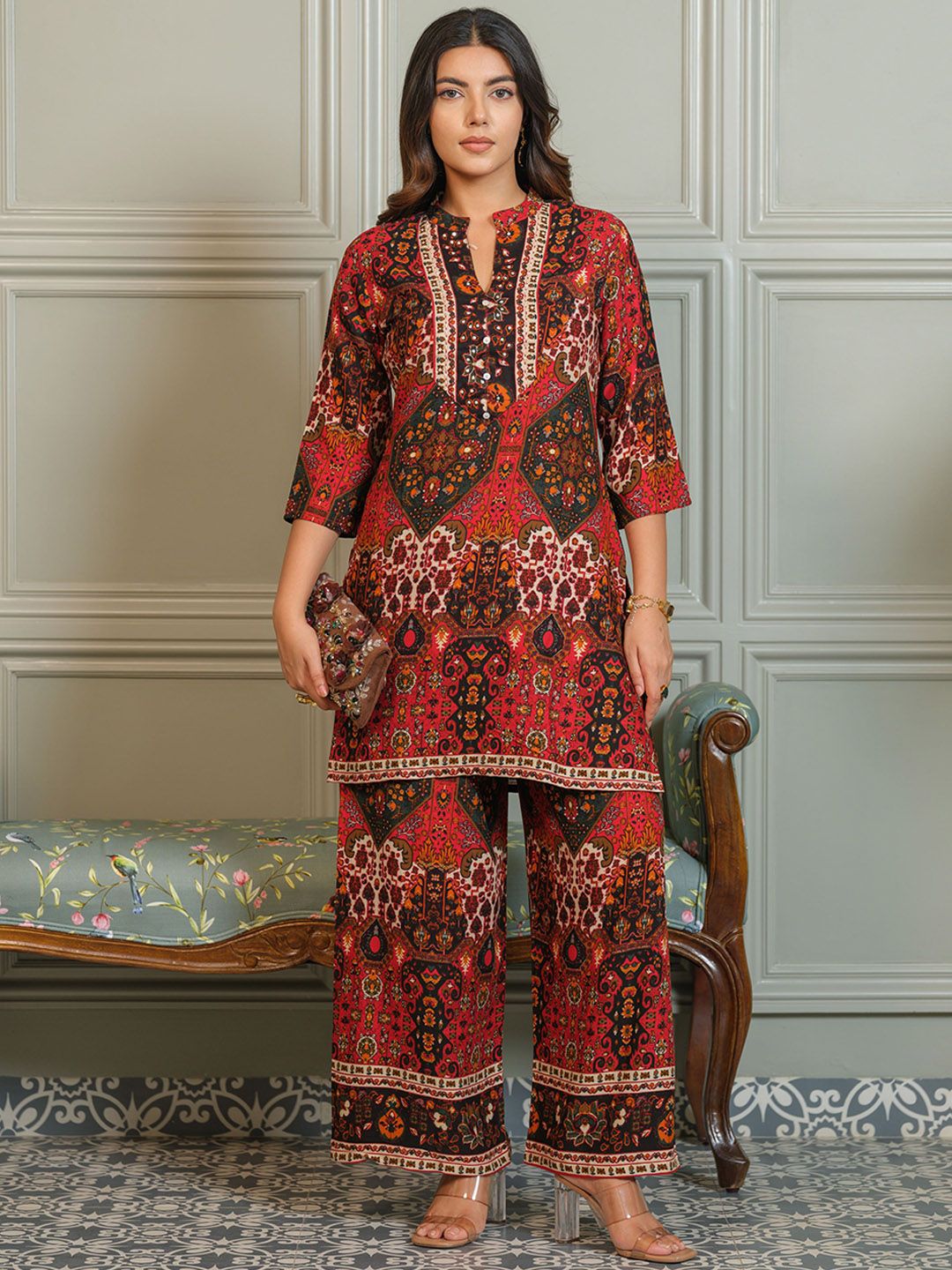 Sangria Ajrak Printed Tunic & Palazzo Co-Ord Set-picture-39