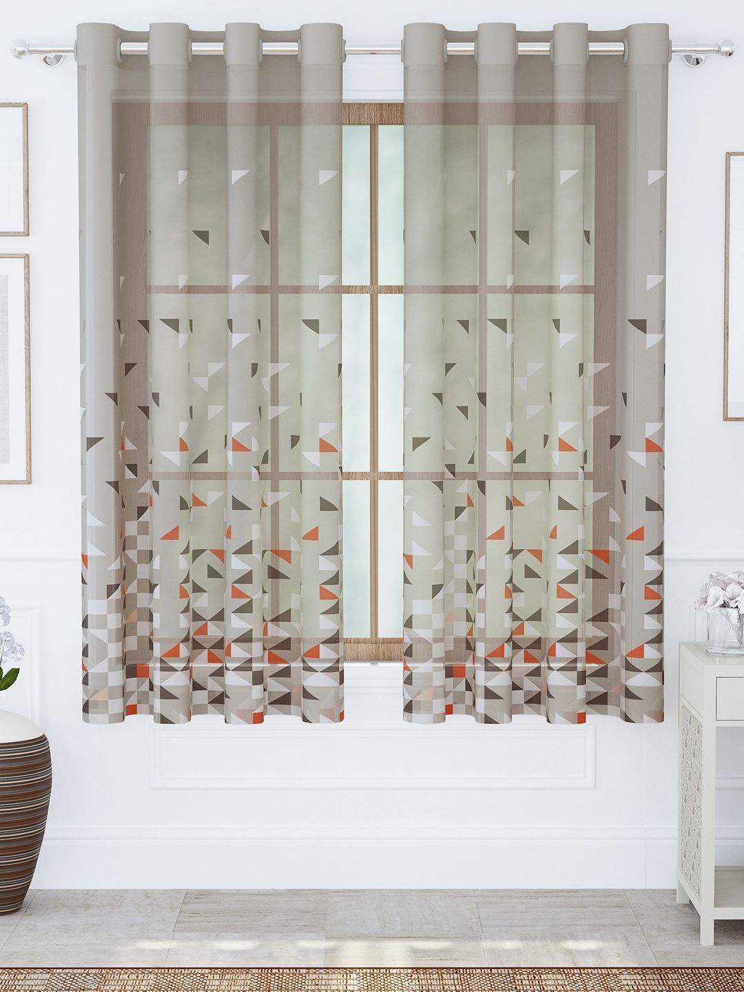 Story@home Orange & Grey Set of 2 Geometric Sheer Window Curtain-image-45