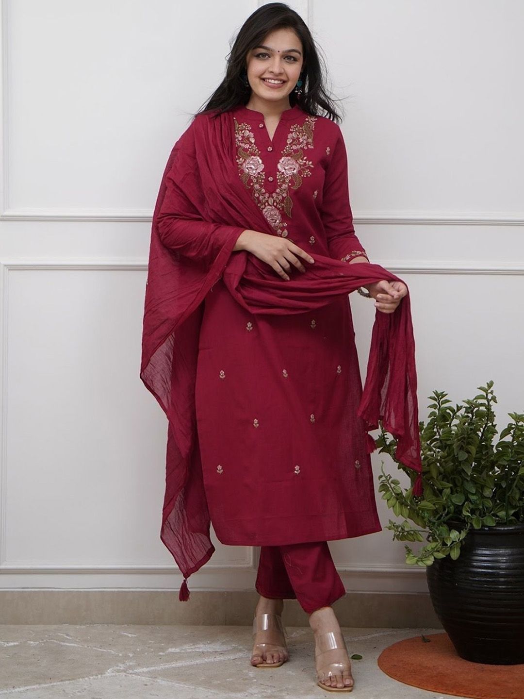 Moda Rapido Floral Embroidered Mandarin Collar Sequinned Kurta With Trousers & Dupatta