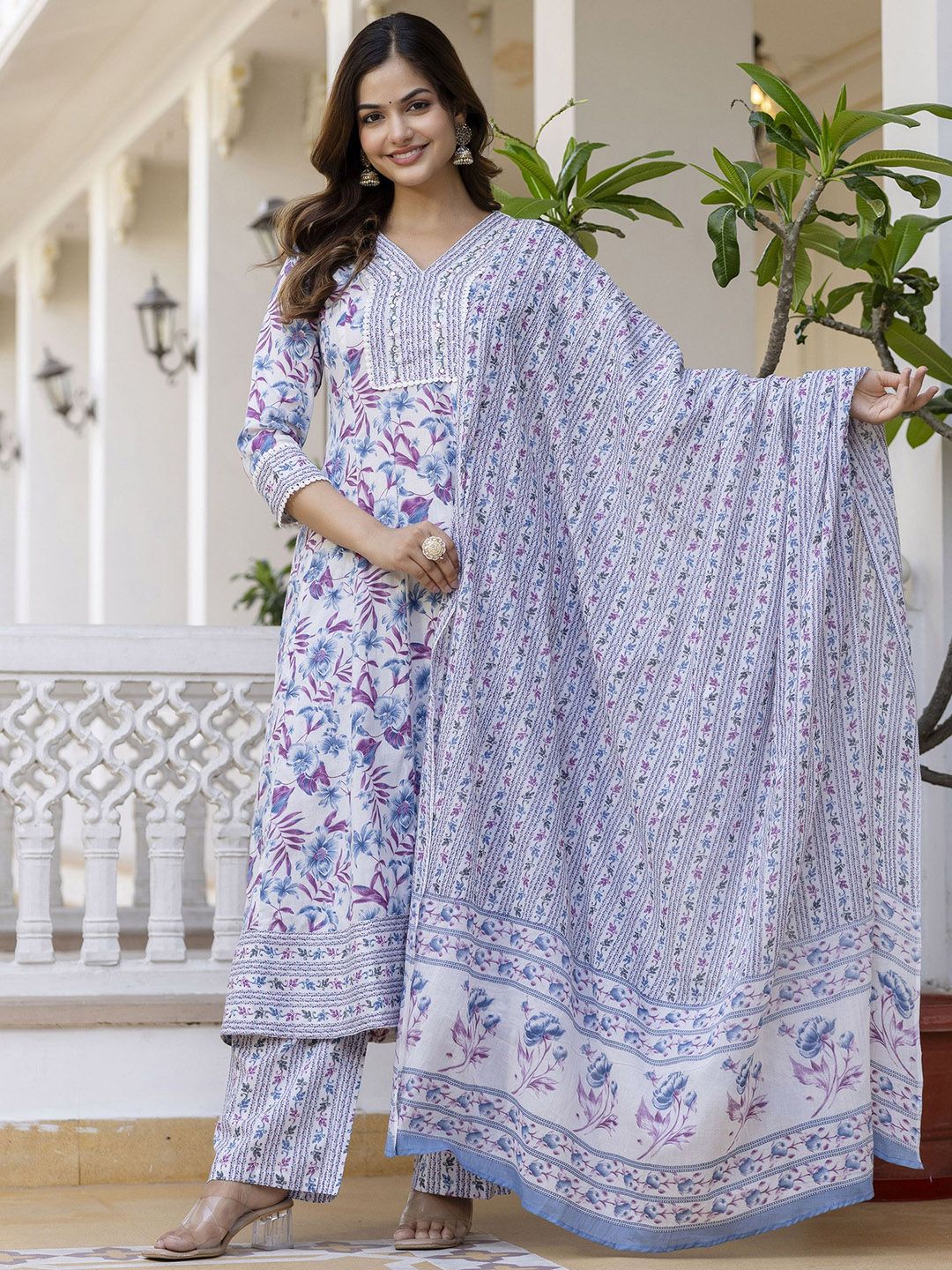 Anouk Women Floral Embroidered Anarkali Aari Work Pure Cotton Kurta with Pyjamas & Dupatta