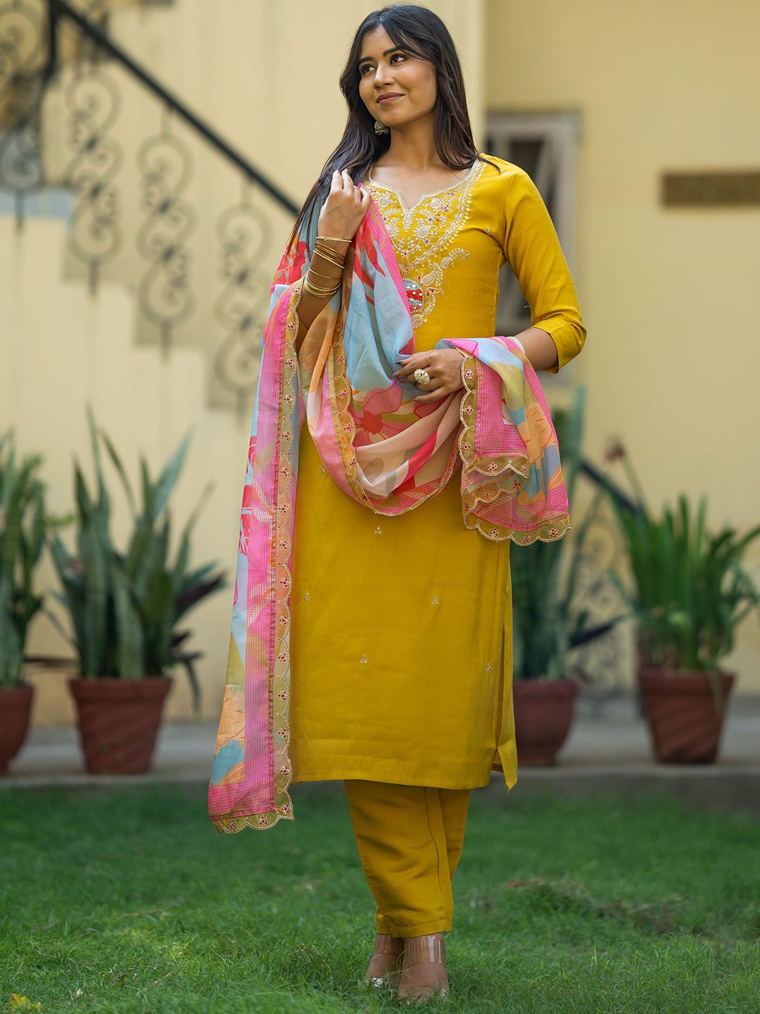 KALINI Women Ethnic Motifs Embroidered V-Neck Sequinned Kurta with Trousers & With Dupatta