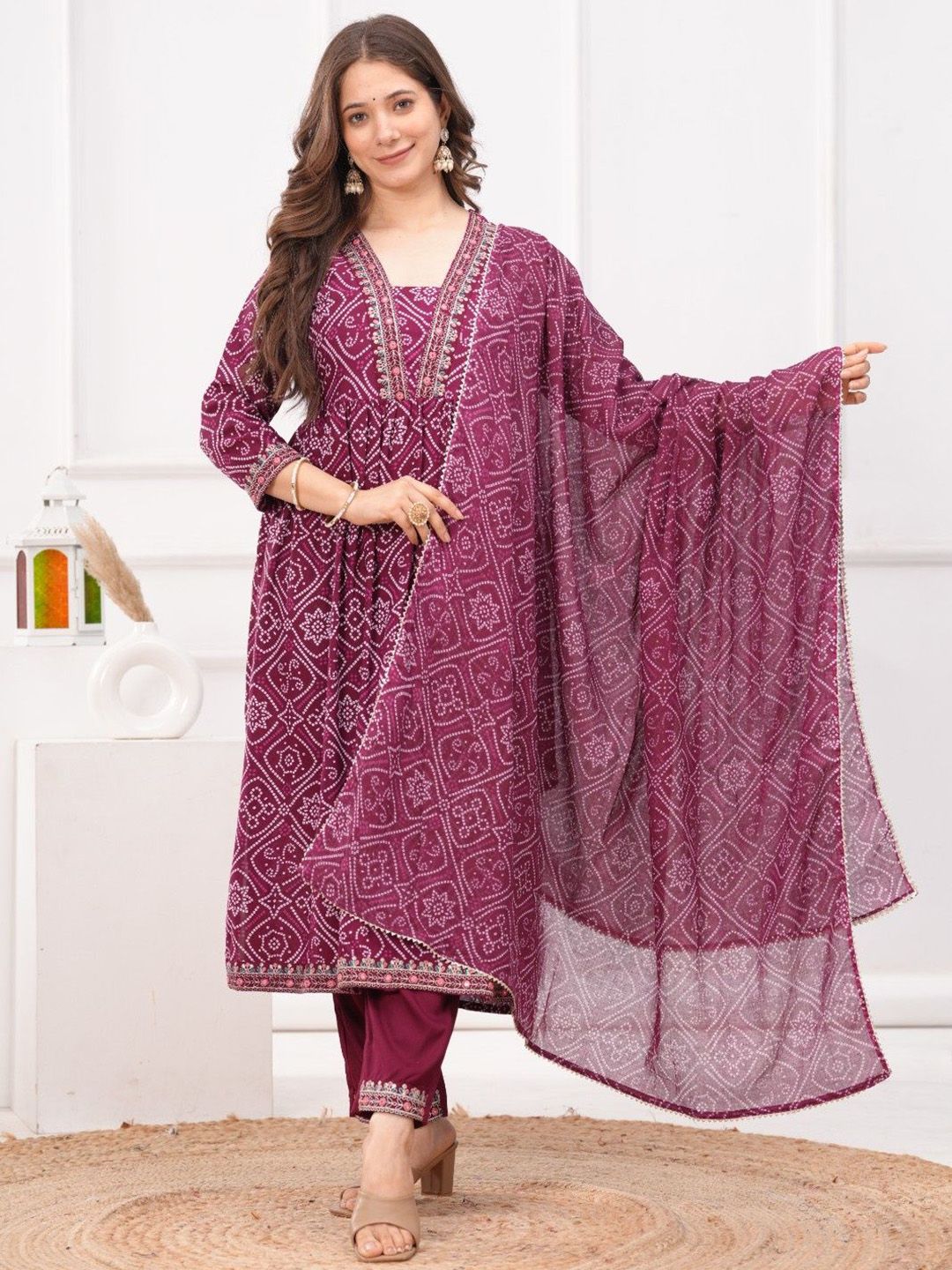 Dholiwal Fashion Women Paisley Printed Pleated Kurta with Palazzos & With Dupatta