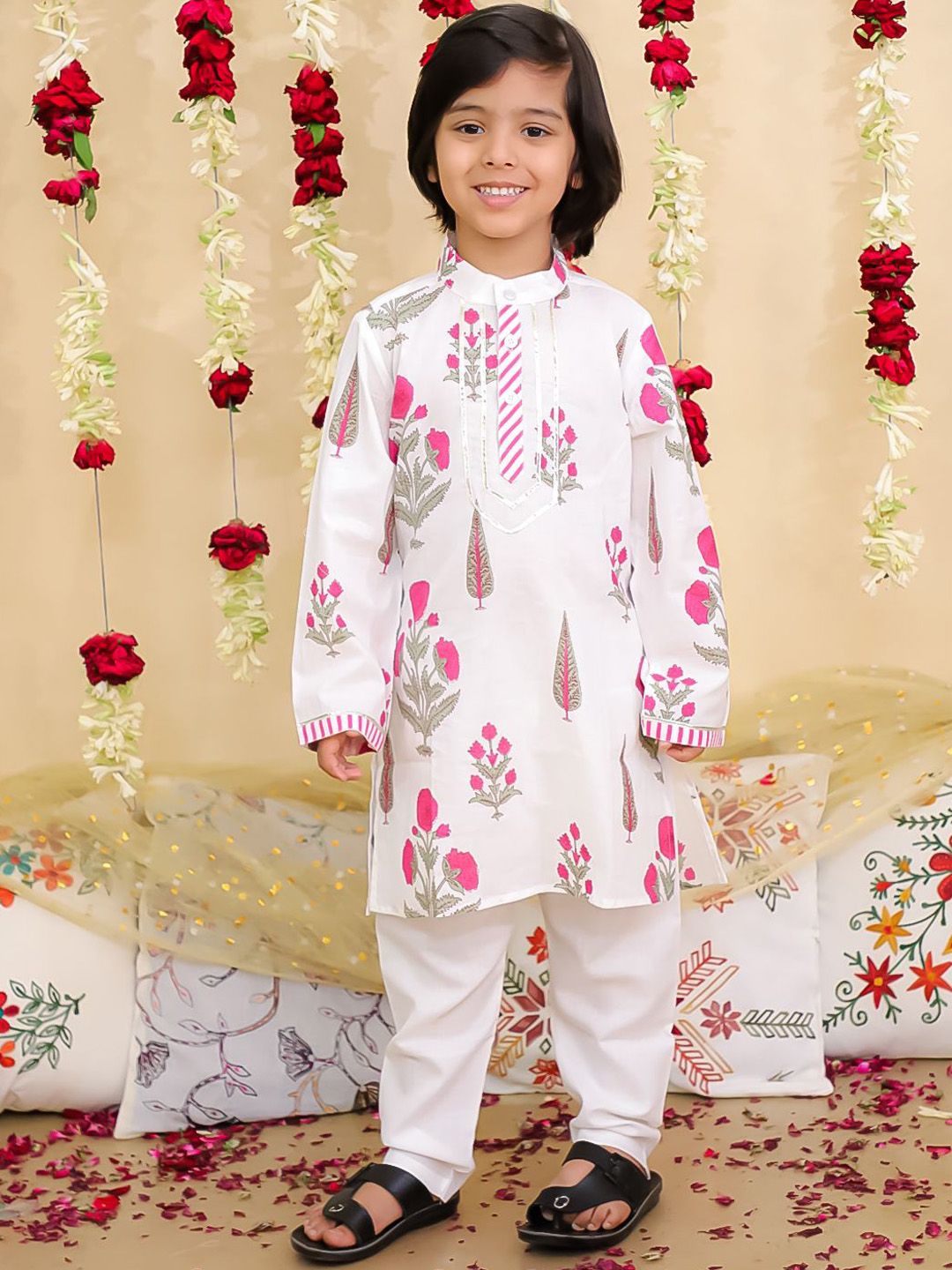 BownBee Boys Floral Printed Pure Cotton Kurta with Trousers & Dupatta-picture-31