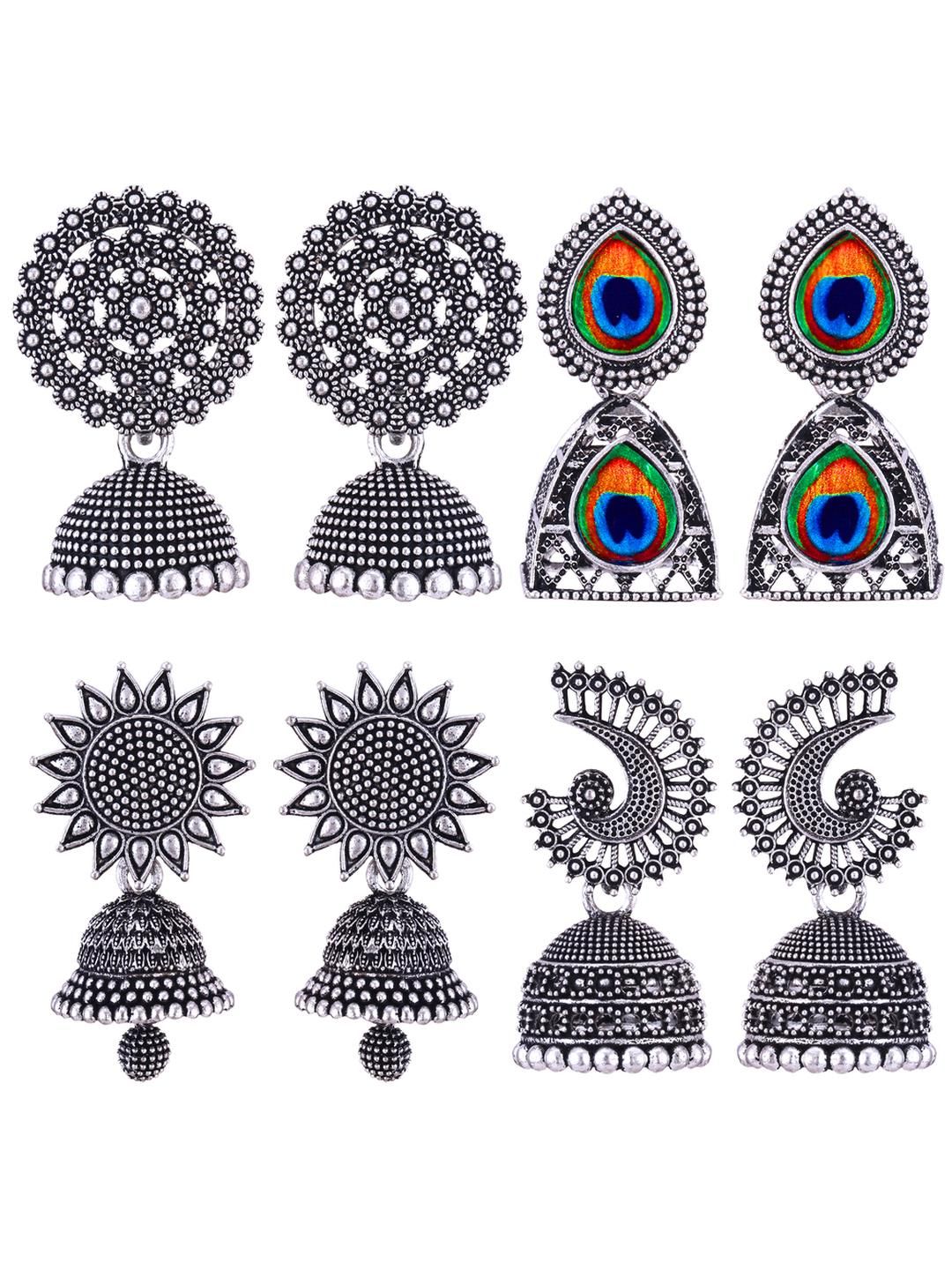 Sangria Women Pair Of 4 Peacock Shaped Silver Oxidised Jhumkas-picture-14