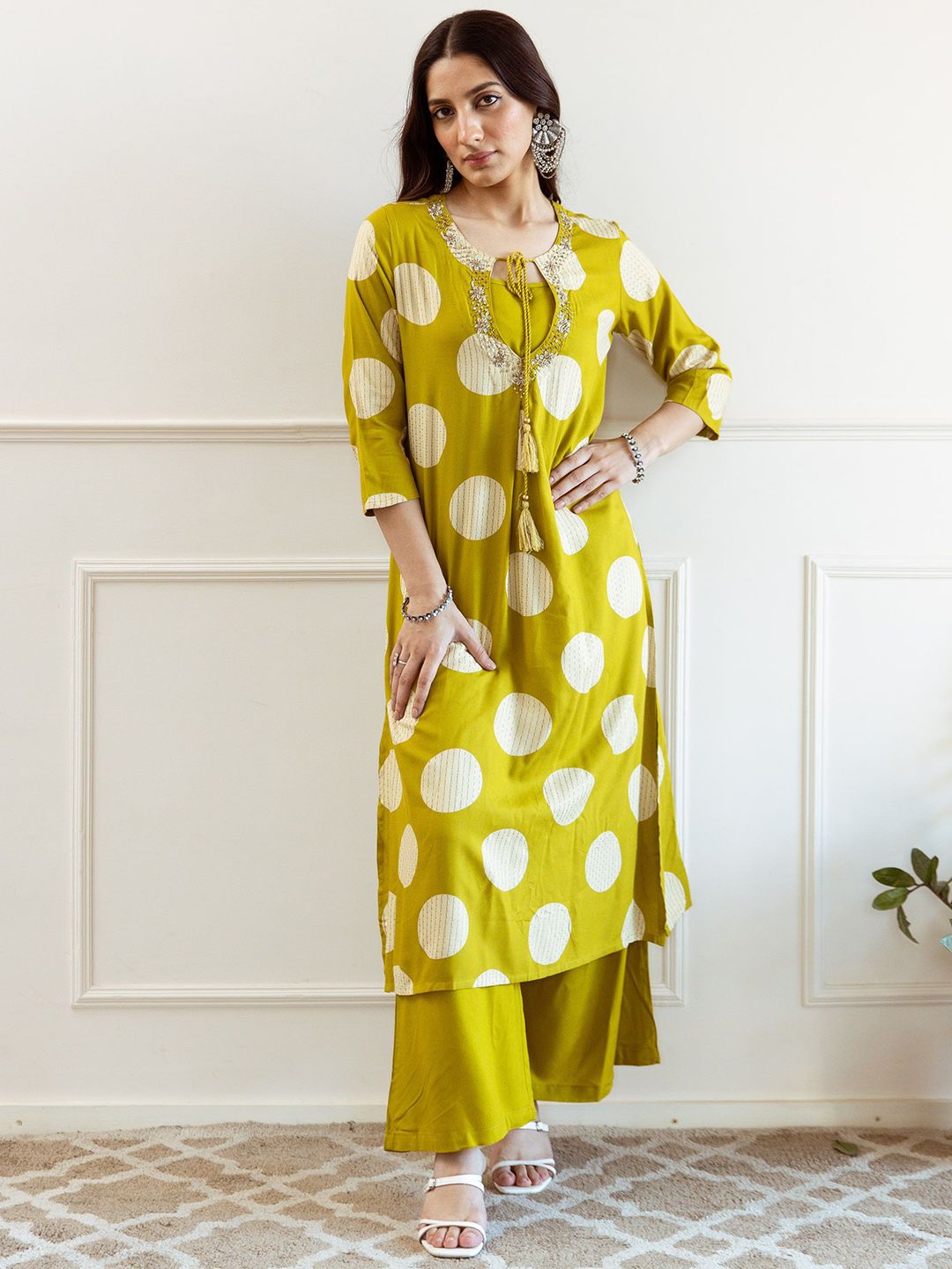 Sangria Geometric Printed Sequinned Tie-Up Neck Kurta & Palazzos