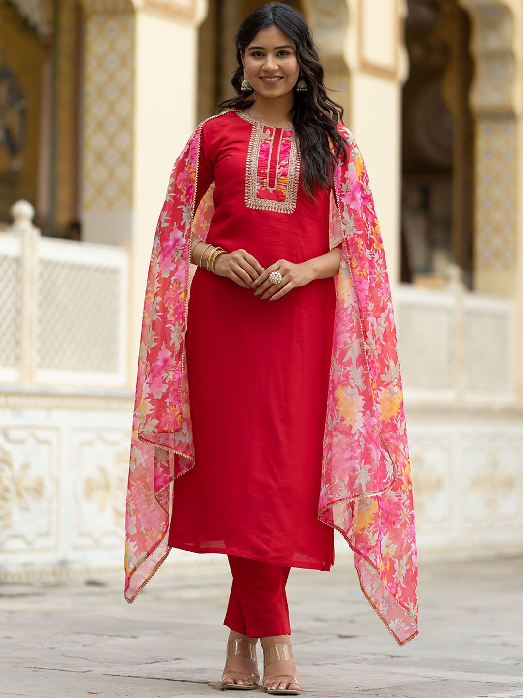 KALINI Women Floral Embroidered Thread Work Kurta with Trousers & With Dupatta