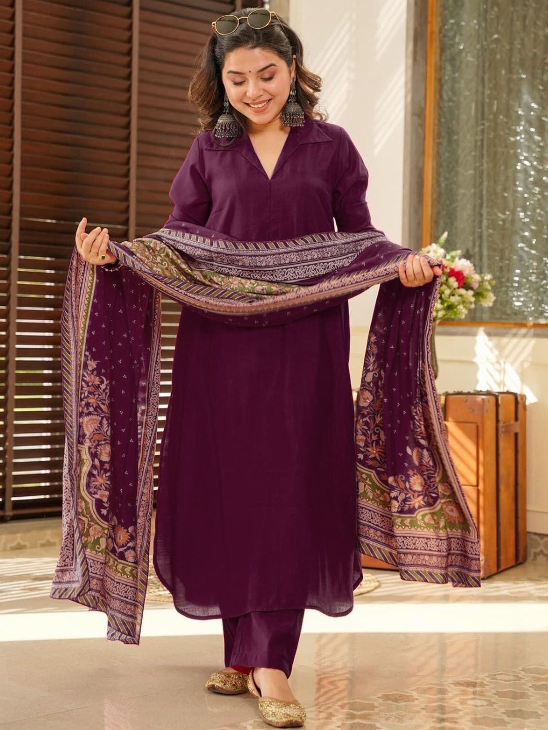 Siya Fashion V-Neck A-Line Kurta With Trousers And Dupatta