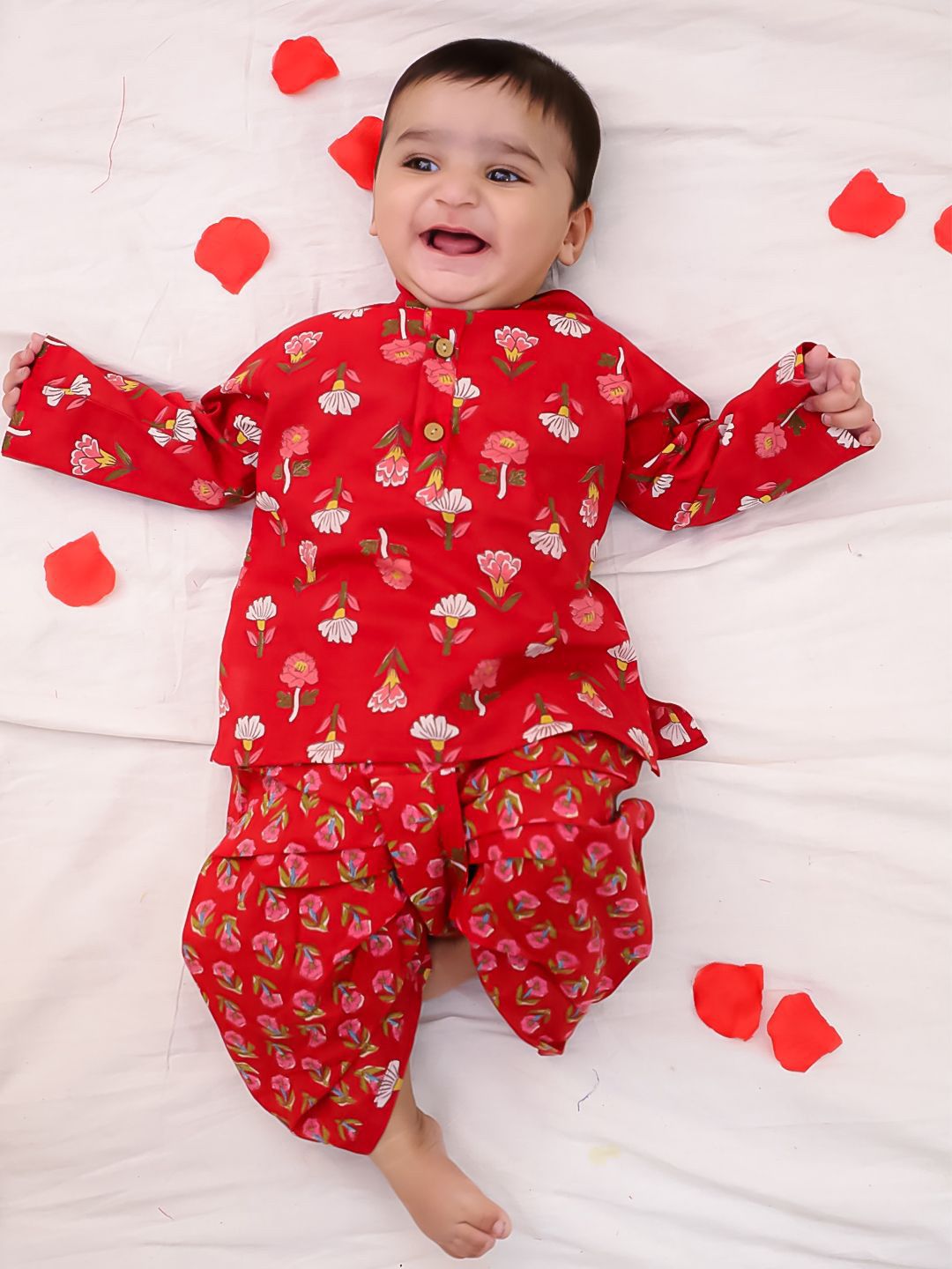 BownBee Boys Floral Printed Mandarin Collar Pure Cotton Kurta with Dhoti Pants