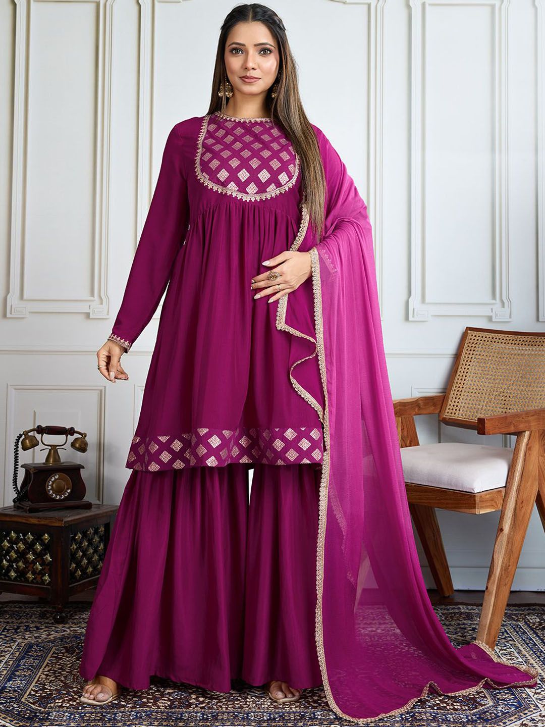 House of Pataudi Women Geometric Embroidered Kurta with Sharara & Dupatta