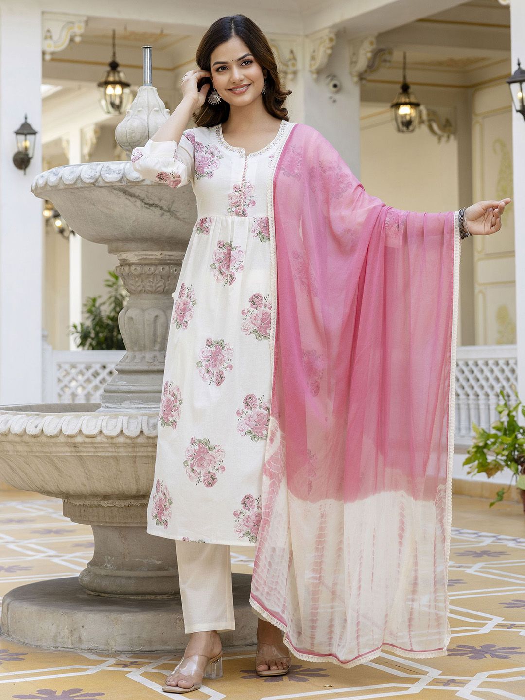 Anouk Rustic Women Floral Printed Sequinned Pure Cotton Kurta With Trousers & Dupatta