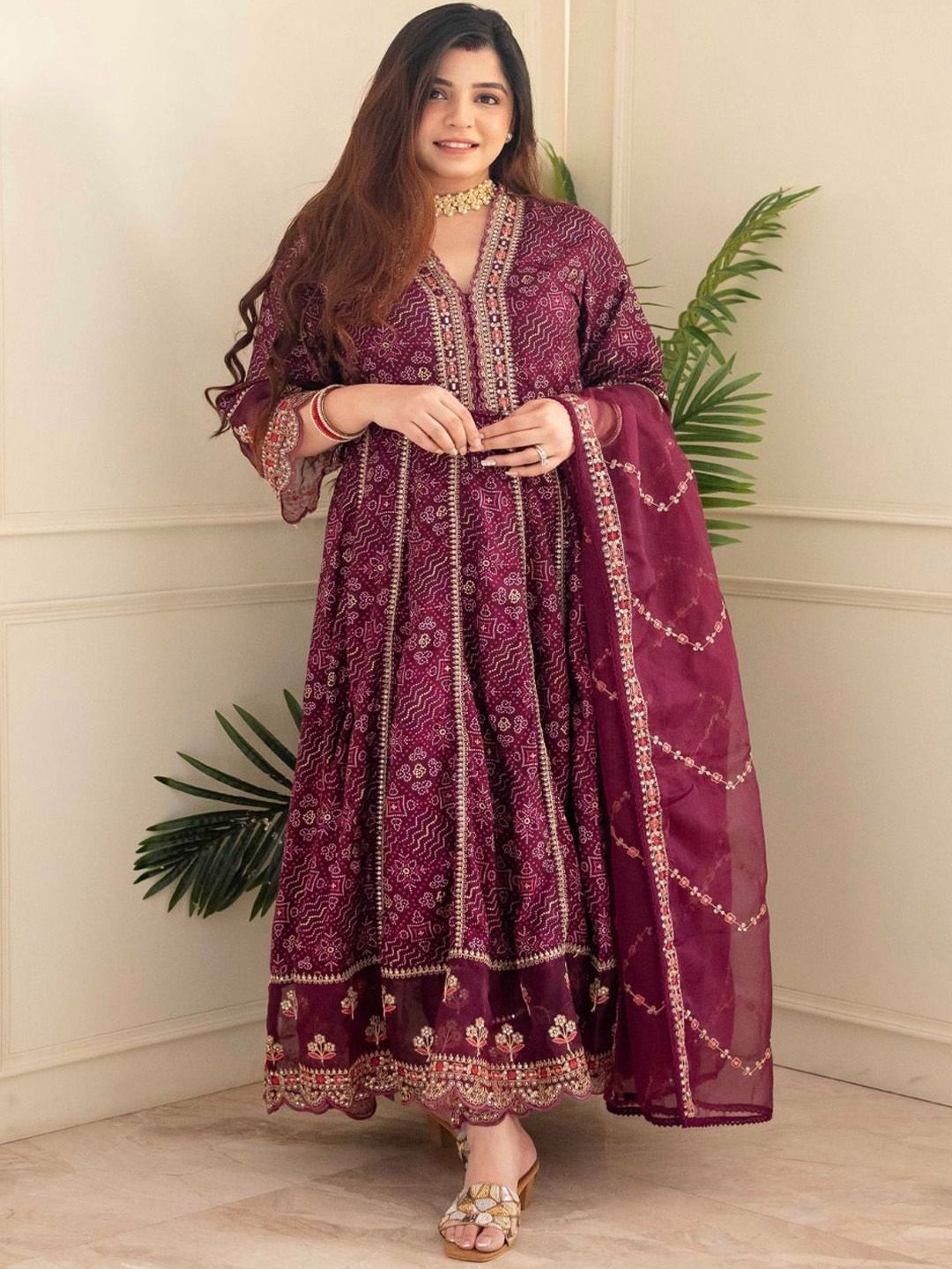 KALINI Ethnic Motifs Printed Panelled V-Neck Anarkali Kurta With Trousers & Dupatta