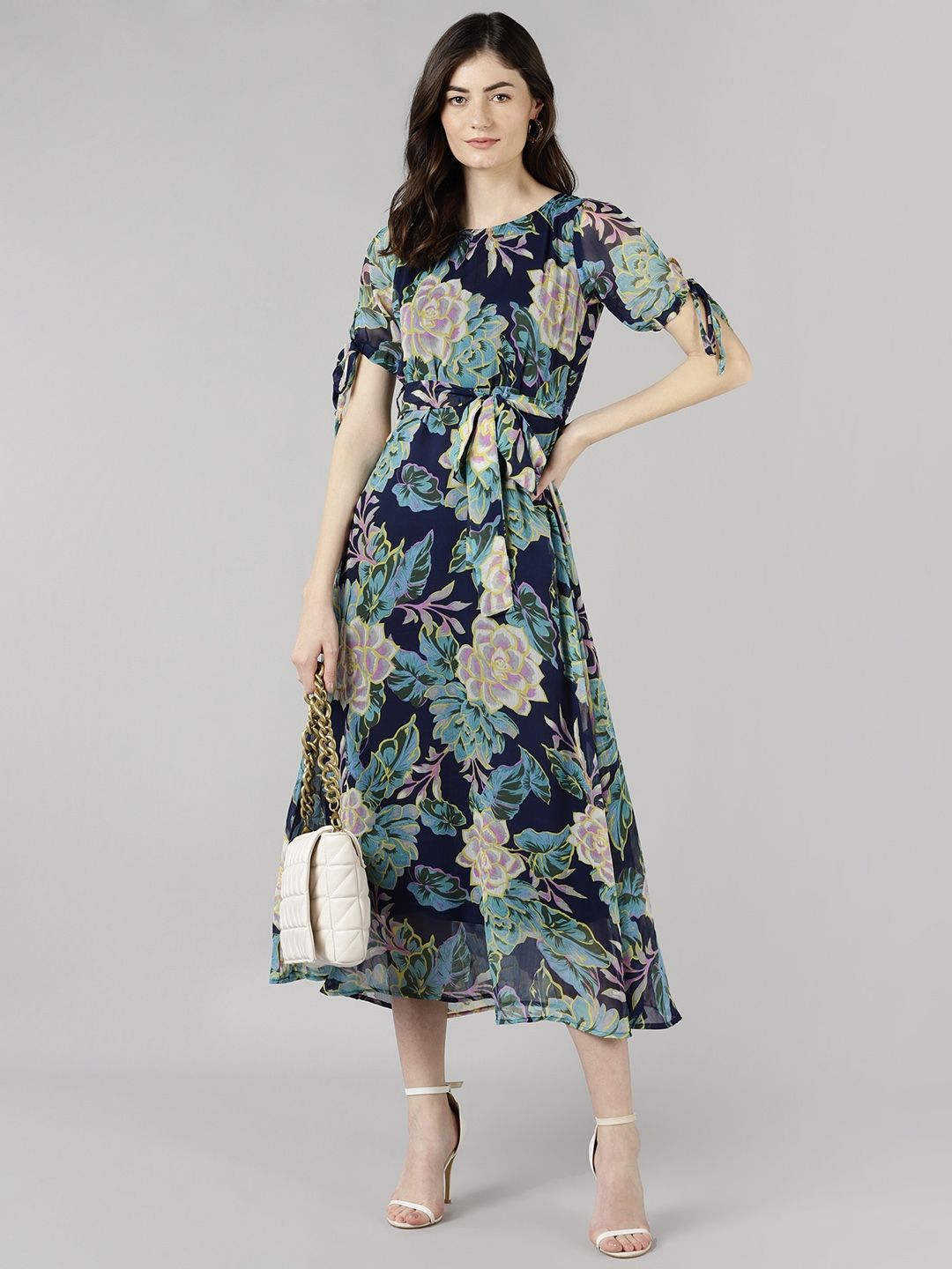 all about you Women Floral Print Tie-Ups Slit Sleeves Fit & Flare Midi Dress
