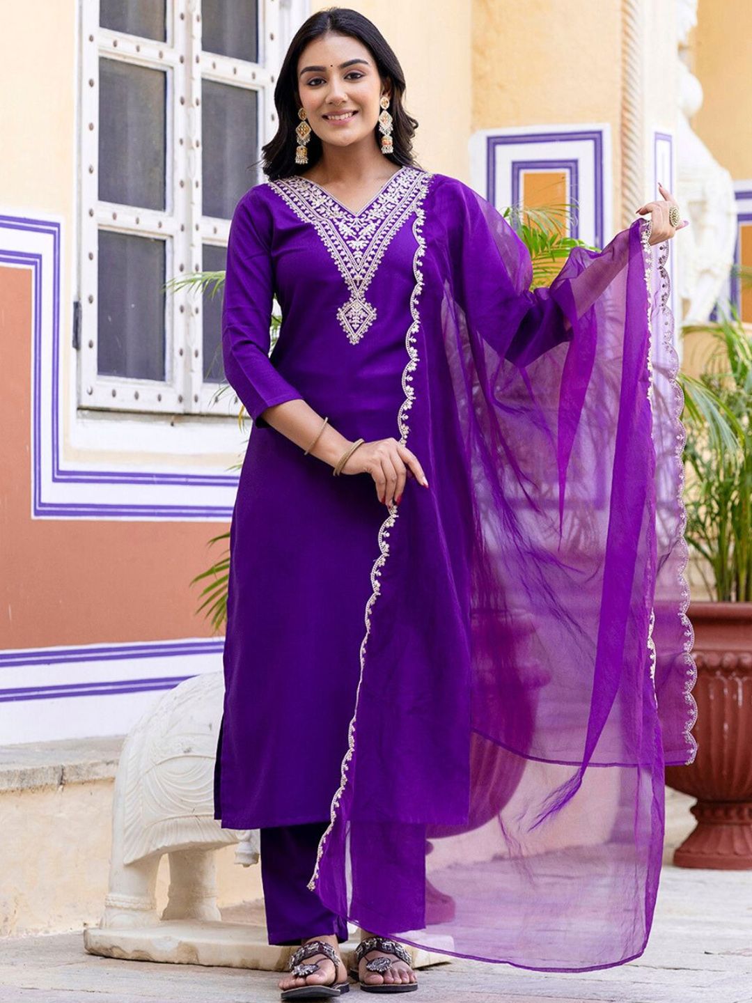 KALINI Women Floral Embroidered Regular Thread Work Kurta with Trousers & With Dupatta