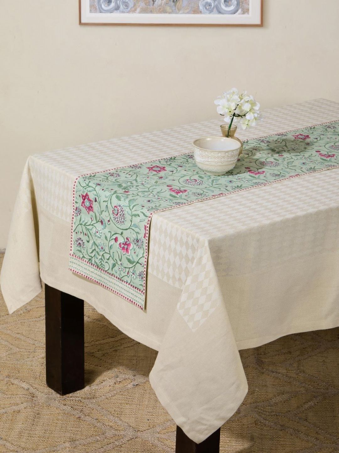 Fabindia Gulbagh Green & Pink Floral Printed Pure Cotton Table Runner