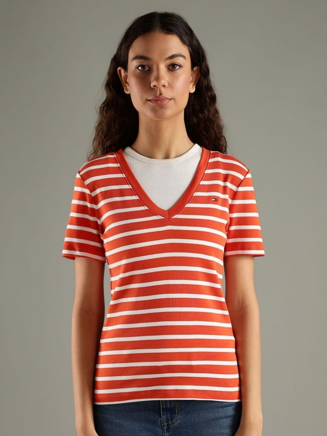 Tommy Hilfiger Women Striped V-Neck Cotton Slim Fit T-shirt-picture-25