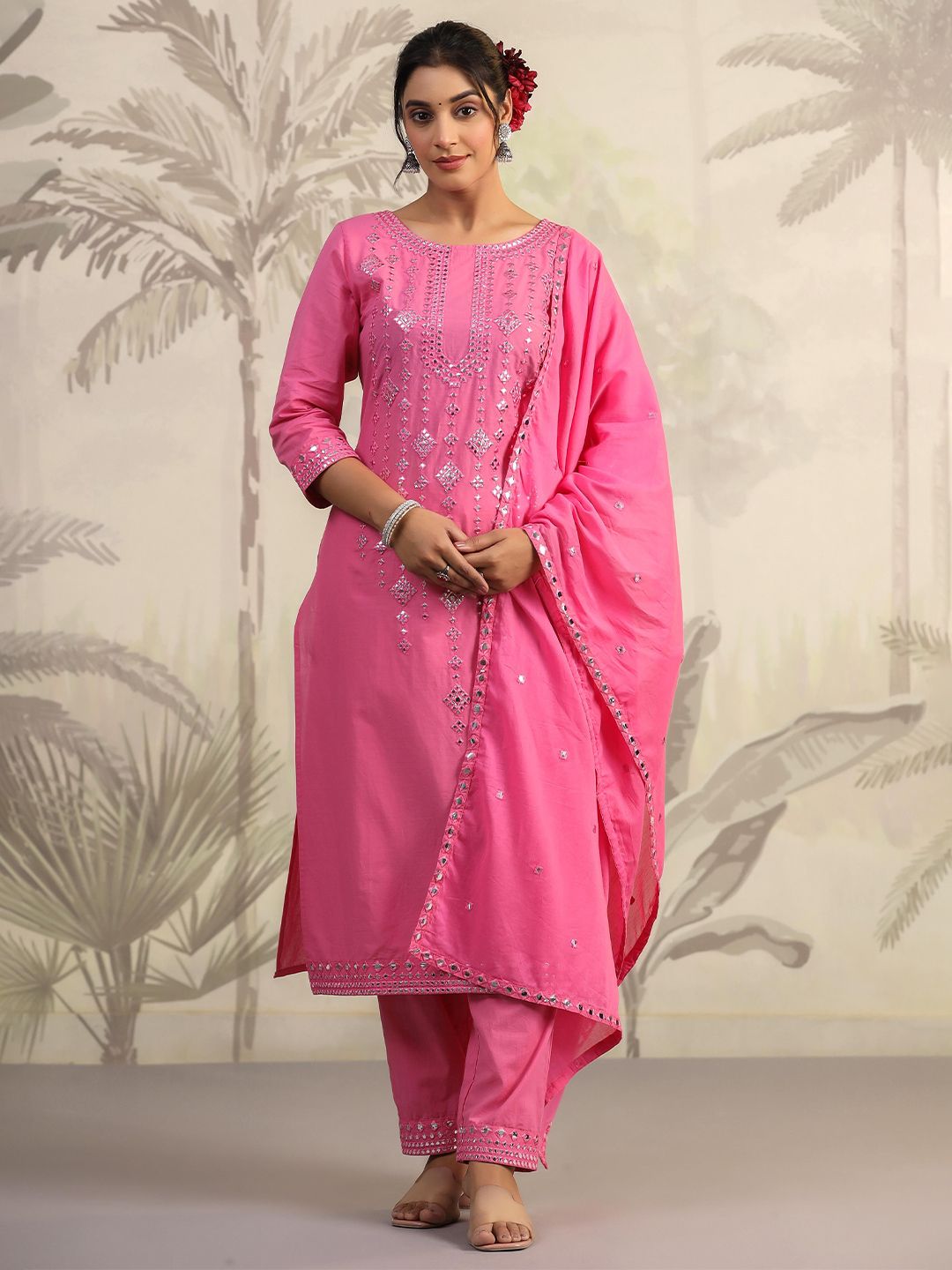 SCAKHI Geometric Embroidered Mirror Work Cotton Cambric Kurta With Trousers & Dupatta