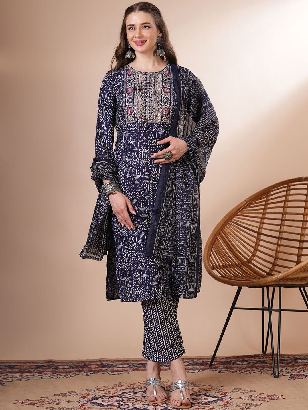 FASHOR Ethnic Motifs Printed Sequinned Pure Cotton Straight Kurta With Trousers & Dupatta