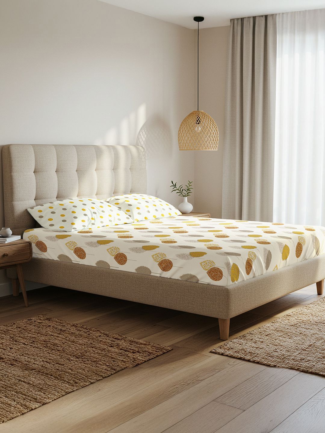 URBAN SPACE Serene White Geometric Cotton 200 TC Double Queen Bedsheet Set-2.23mx2.54m-image-18