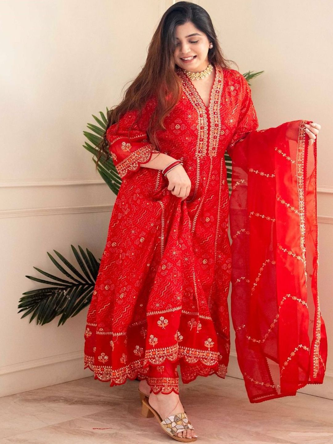 KALINI Women Bandhani Print Panelled Sequinned Kurta with Trousers & With Dupatta