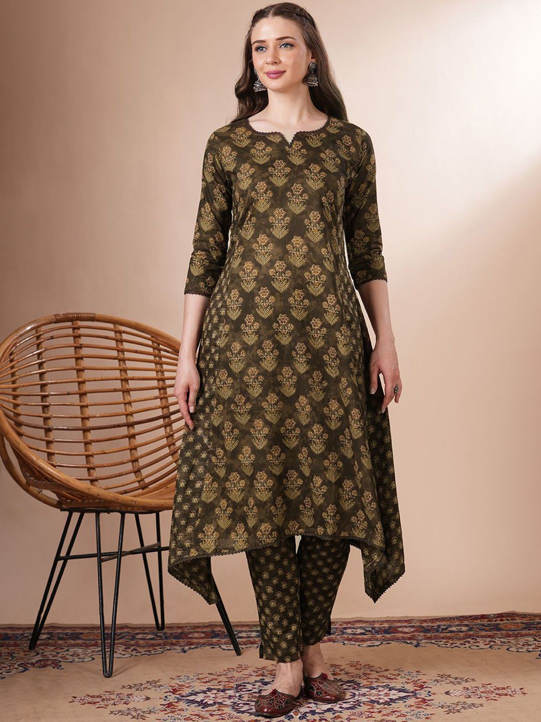 FASHOR Women Ethnic Motifs Printed Pure Cotton Kurta with Trousers