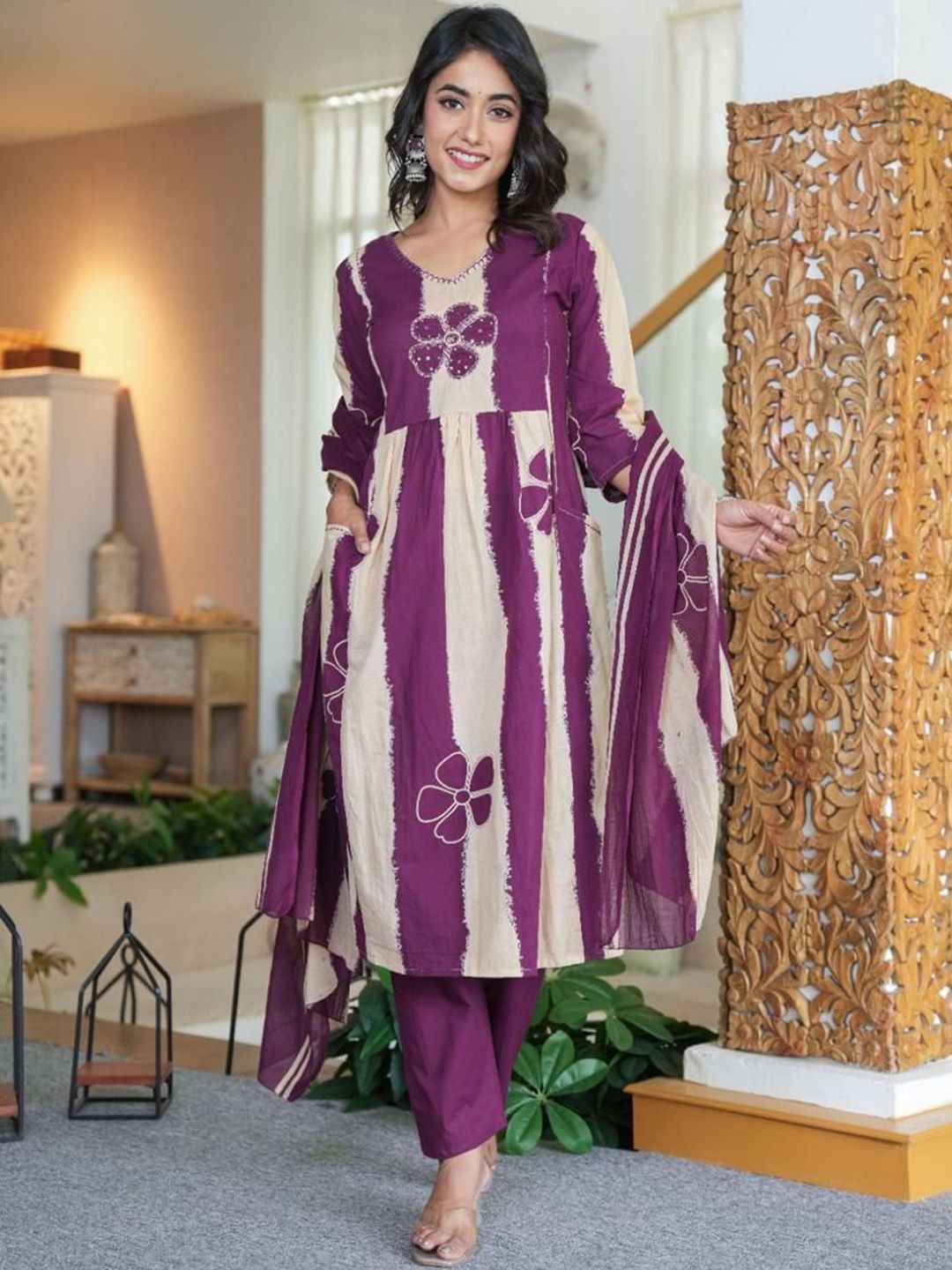 KALINI Women Colourblocked Printed Regular Pure Cotton Kurta with Trousers & With Dupatta