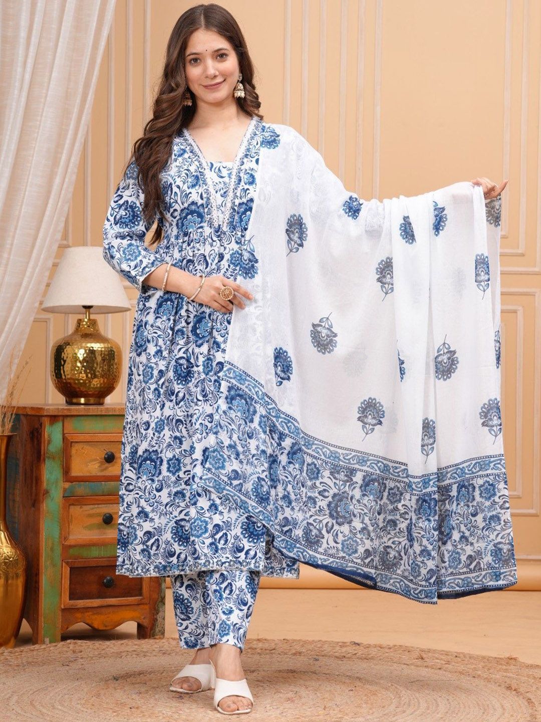 Dholiwal Fashion Floral Printed Pleated V-Neck A-Line Kurta With Trousers & Dupatta