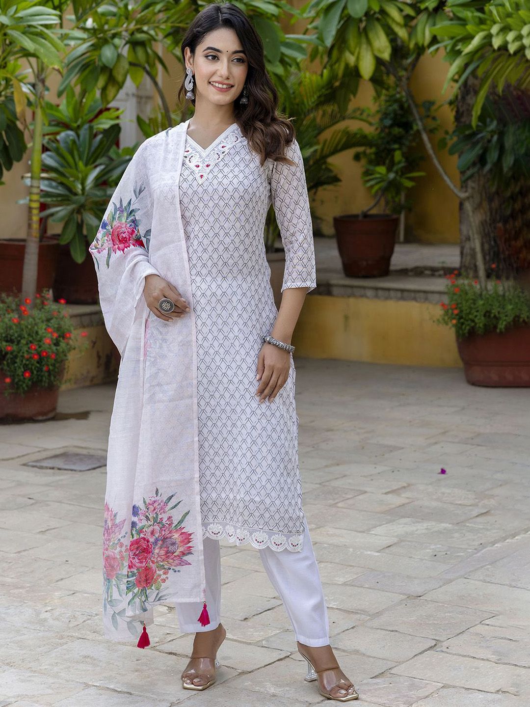 KALINI Women Geometric Printed Thread Work Linen Kurta with Trousers & Dupatta