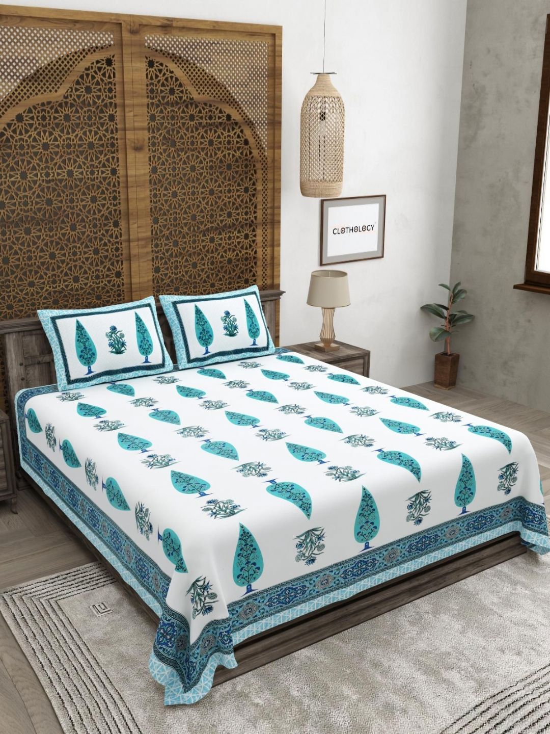 CLOTHOLOGY Blue & White Floral Printed 180TC Pure Cotton King Bedsheet Set 2.75 m x 2.25 m-picture-52