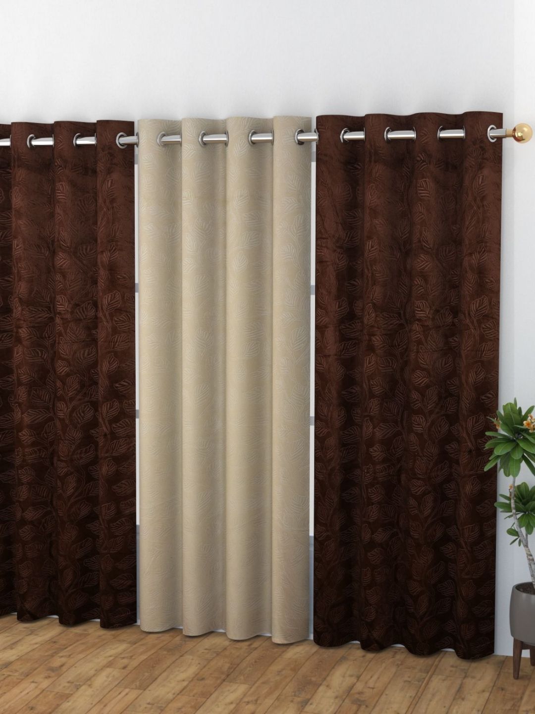 Banchmark Home Furnishings Haire Brown 3 Pcs Printed Room Darkening Velvet Window Curtains-picture-21