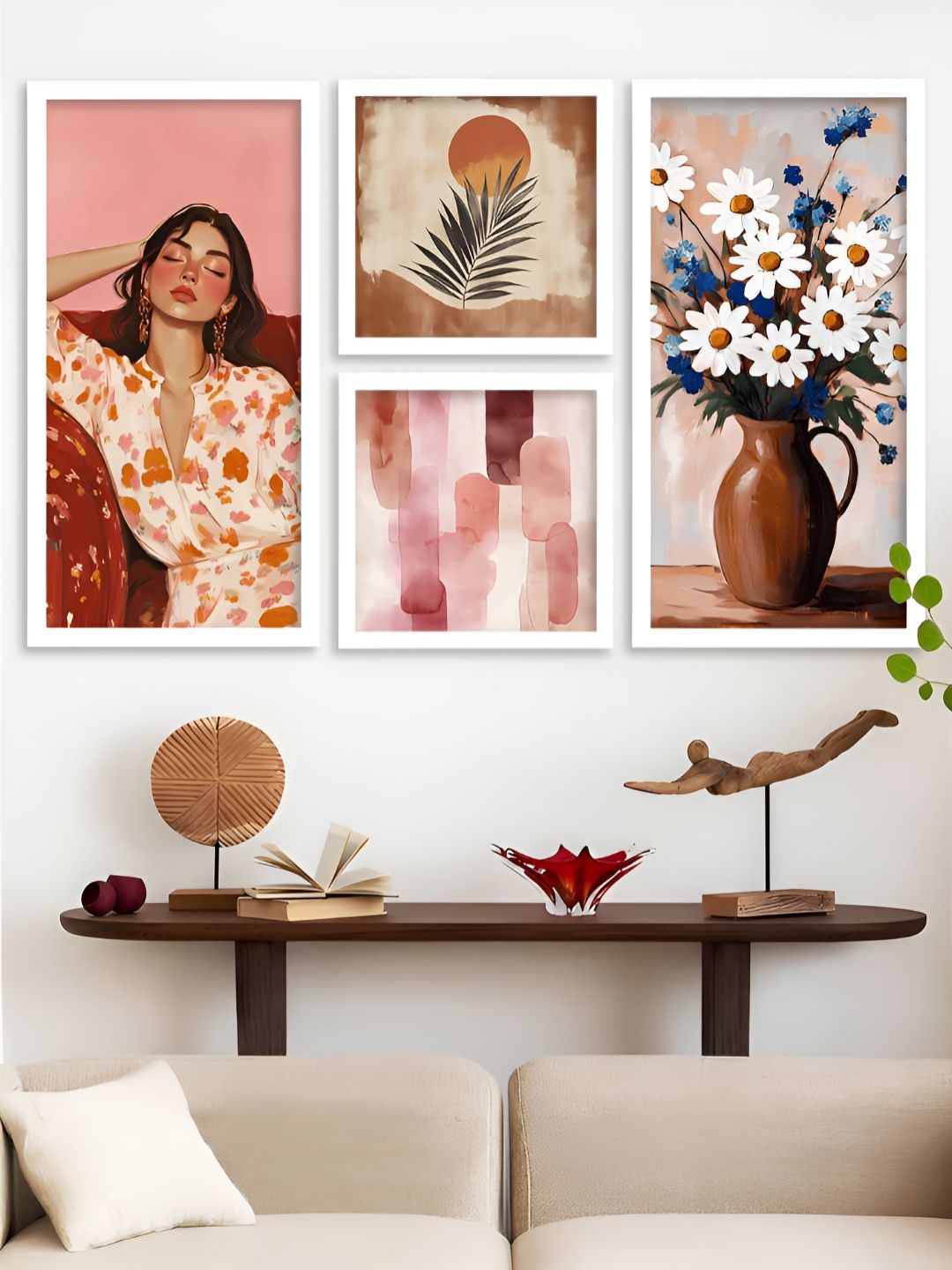 Kotart White & Pink 4 Pieces Wooden Abstract Wall Arts-picture-30