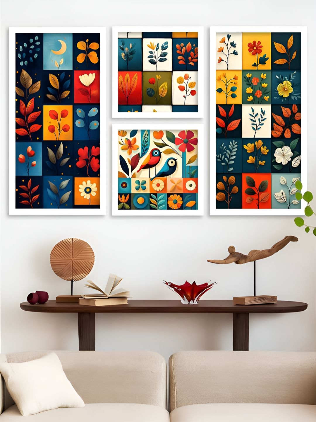 Kotart Navy Blue & Yellow 4 Pieces Floral And Botanical Wooden Wall Arts-picture-15