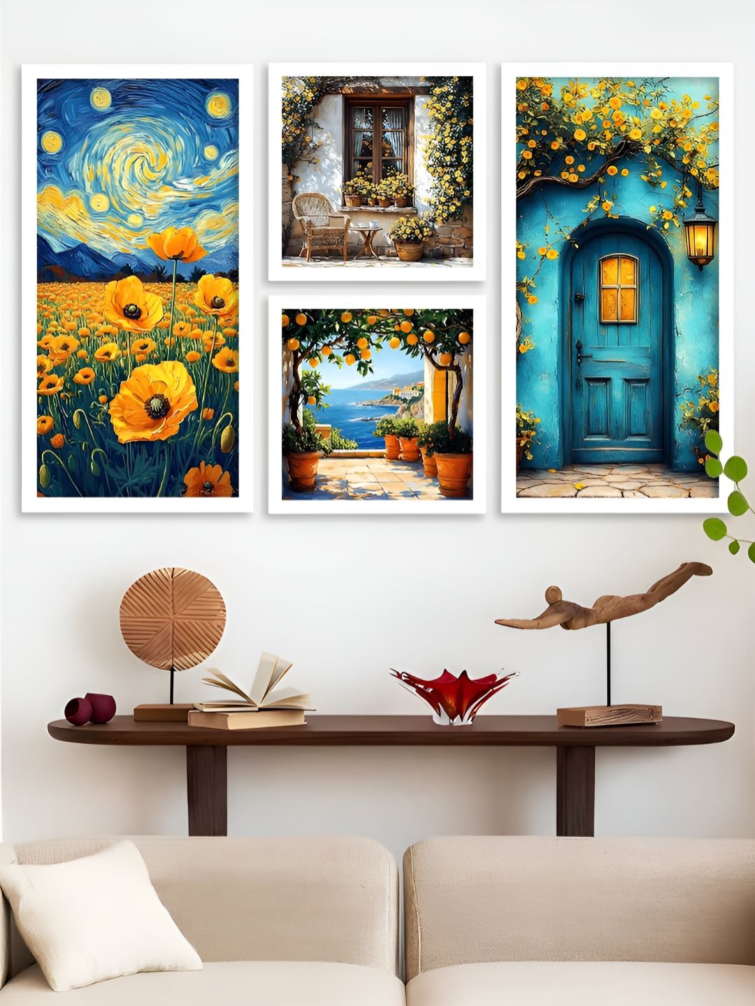 Kotart White & Blue 4 Pieces Wooden Floral and Botanical Wall Arts-picture-12