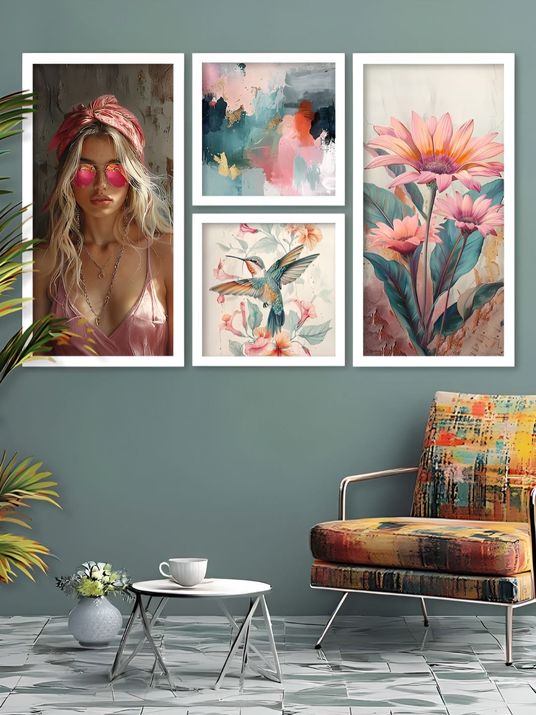 Kotart White, Blue & Pink 4 Pieces Floral and Botanical Wooden Wall Arts-picture-14