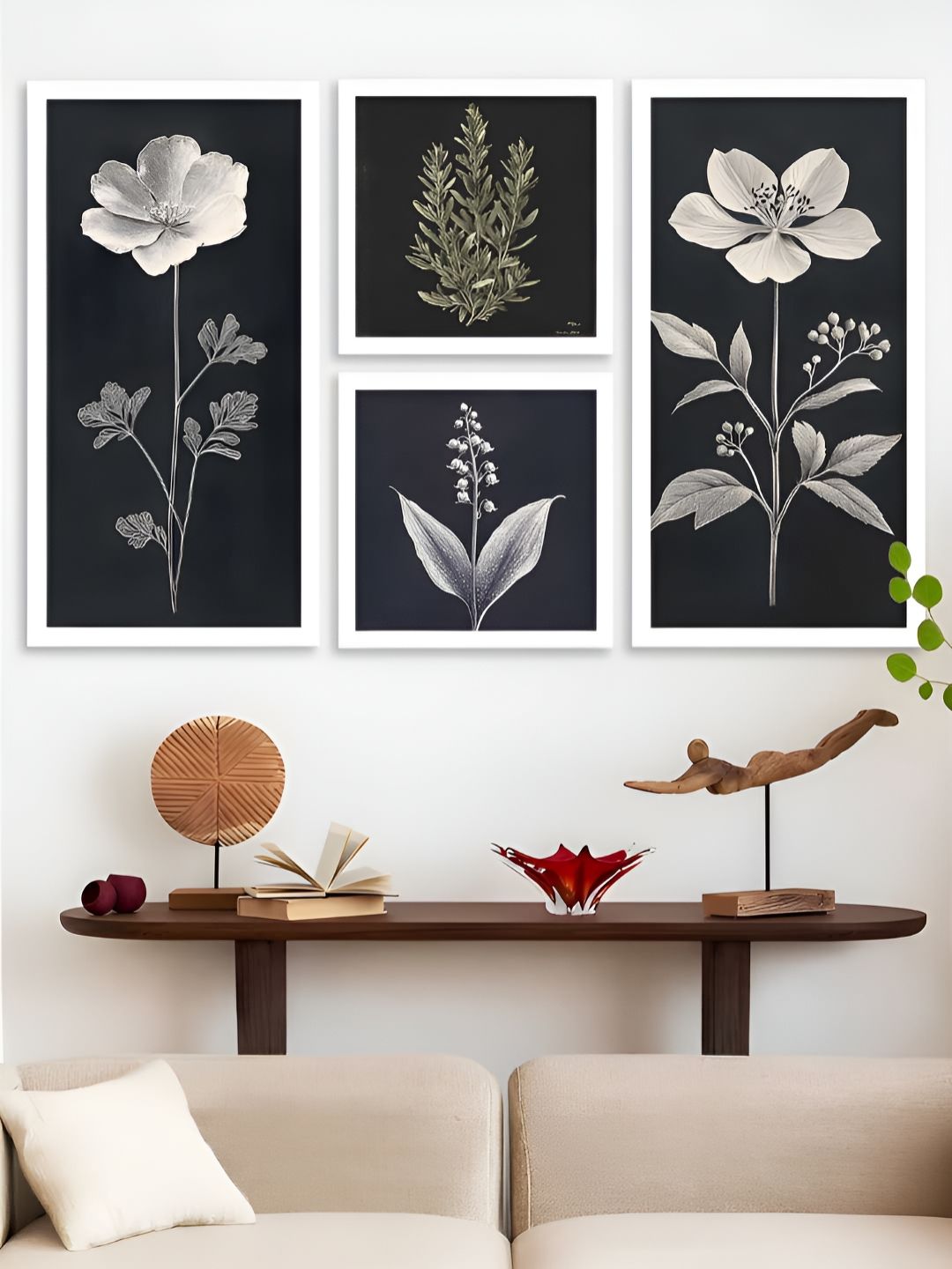Kotart Navy Blue & White 4 Pieces Floral And Botanical Wooden Wall Arts-picture-13