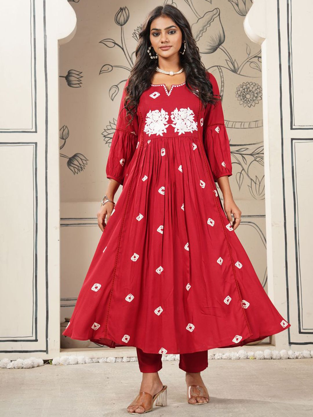KALINI Bandhani Printed Notch Neck Anarkali Kurta With Trousers