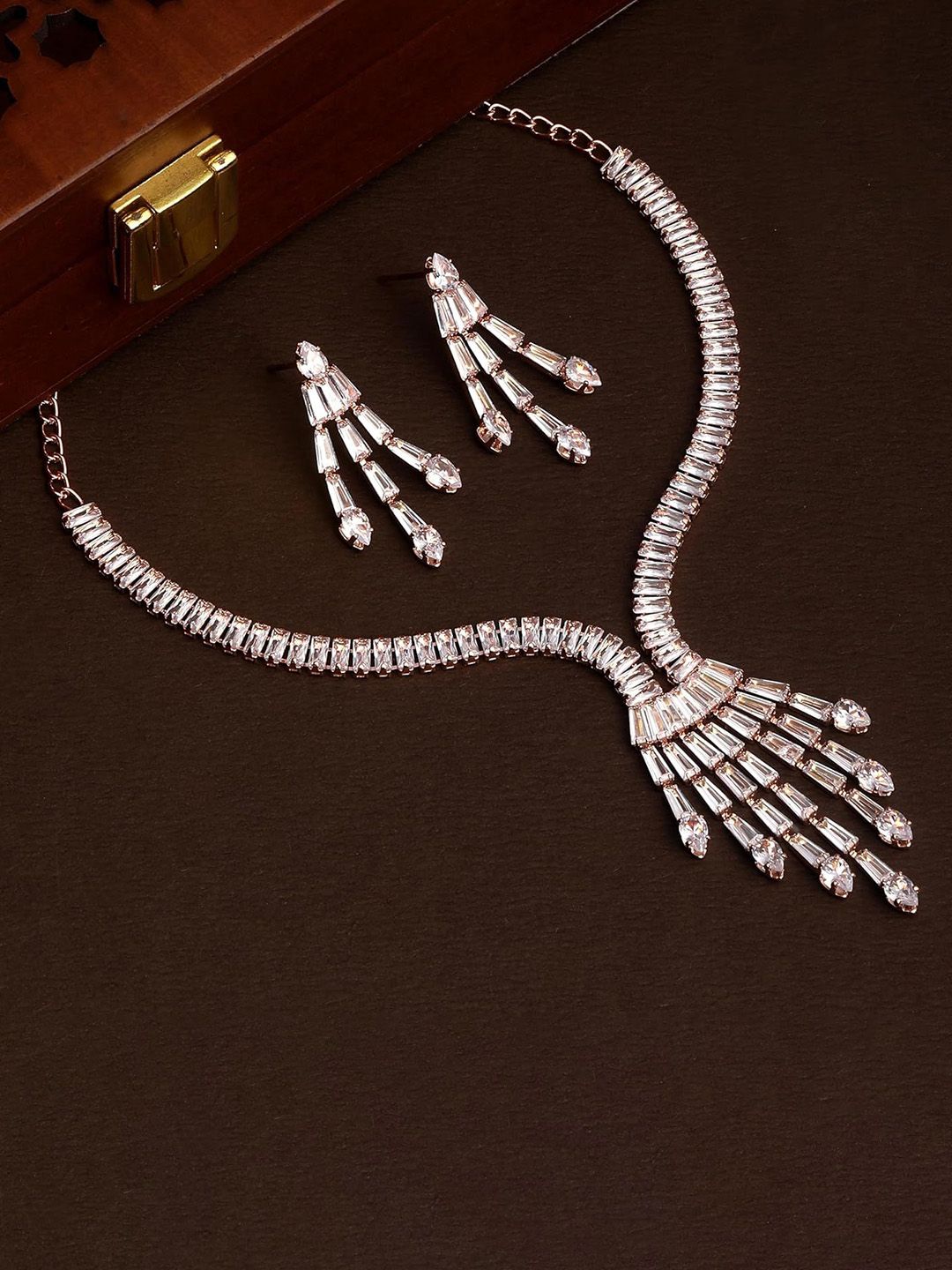 Atasi International Rose Gold-Plated Diamond & Crystals-Studded Necklace And Earrings Set-picture-10