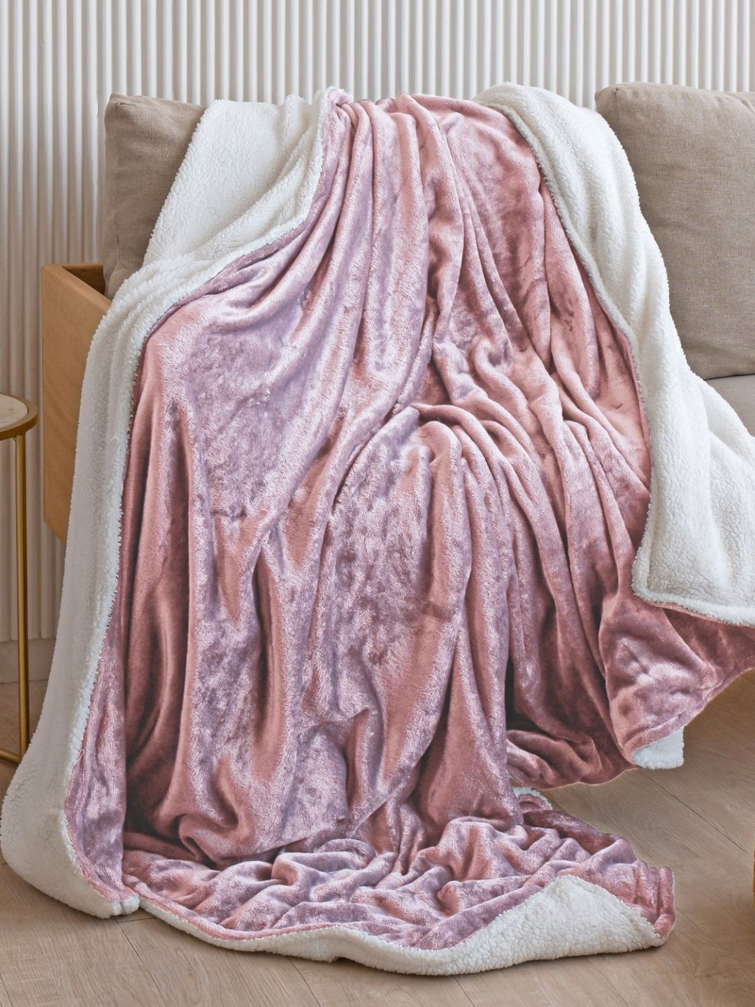 HOMEMONDE Pink & White Fleece Mild Winter 210 GSM Double Bed Blanket-image-6