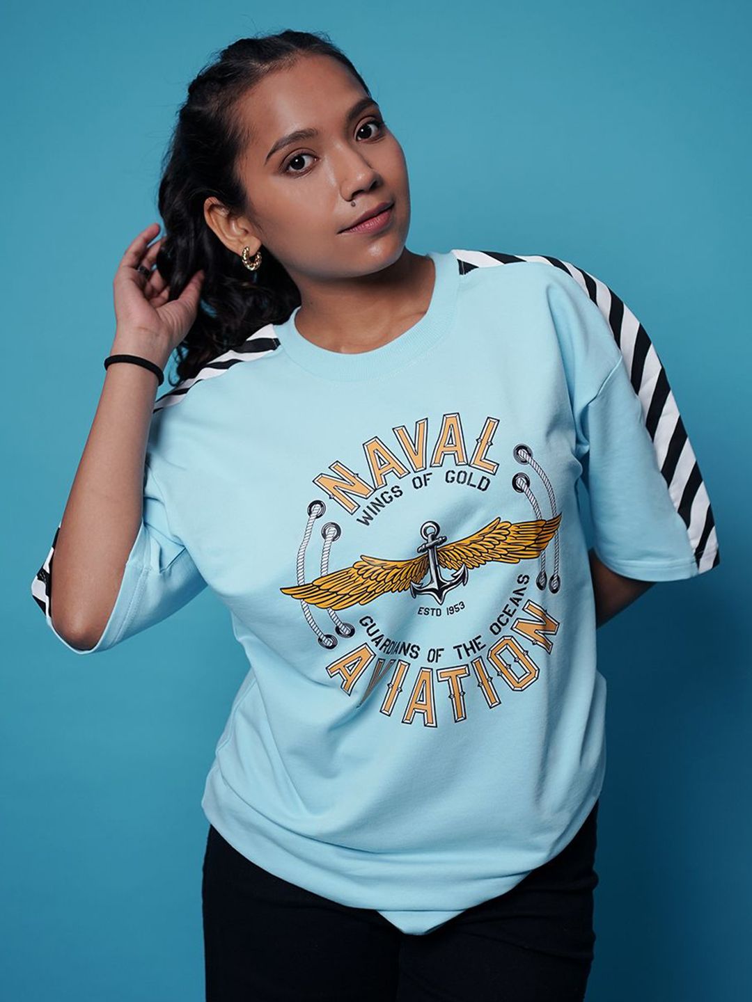 Ascend 47 Indian Naval Aviation- Wings of Gold Blue Oversized T-Shirt-picture-19