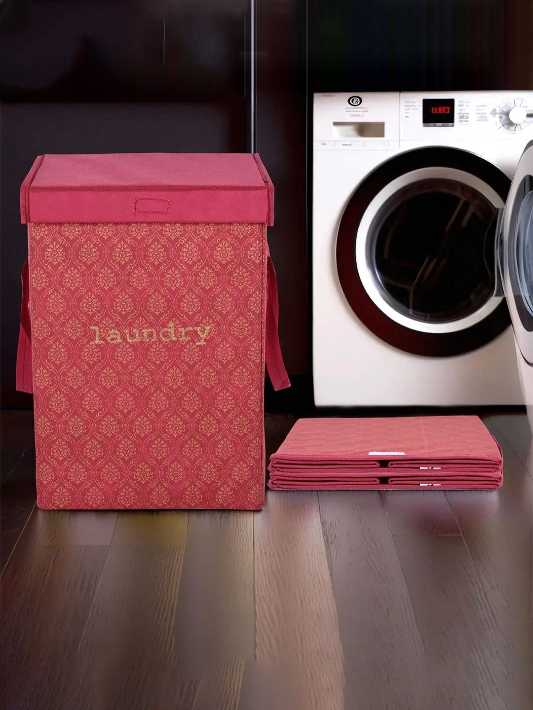 Aura 3Pcs Maroon & Beige Printed Foldable Laundry Bags With Lid & Handles - 75 L Each-picture-24