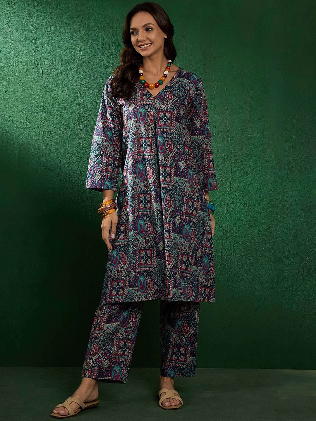 InWeave Women Floral Printed Cotton A-Line Kurta with Trousers
