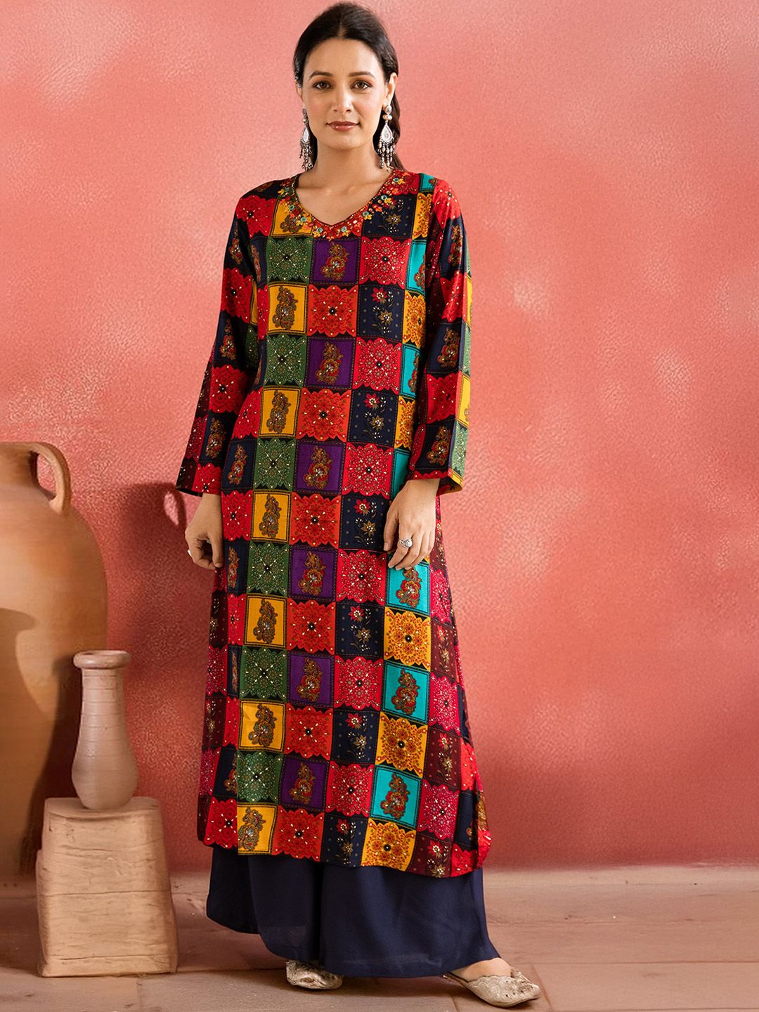 Sangria Women Embroidered Straight Kurta & Palazzo