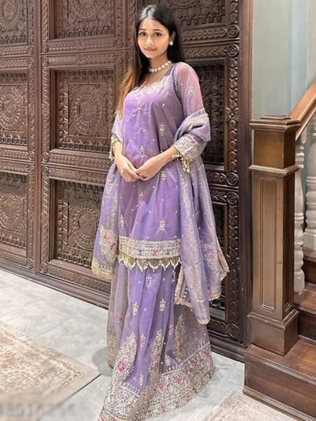 AKSHARAM Women Floral Embroidered Regular Sequinned Kurta with Trousers & Dupatta