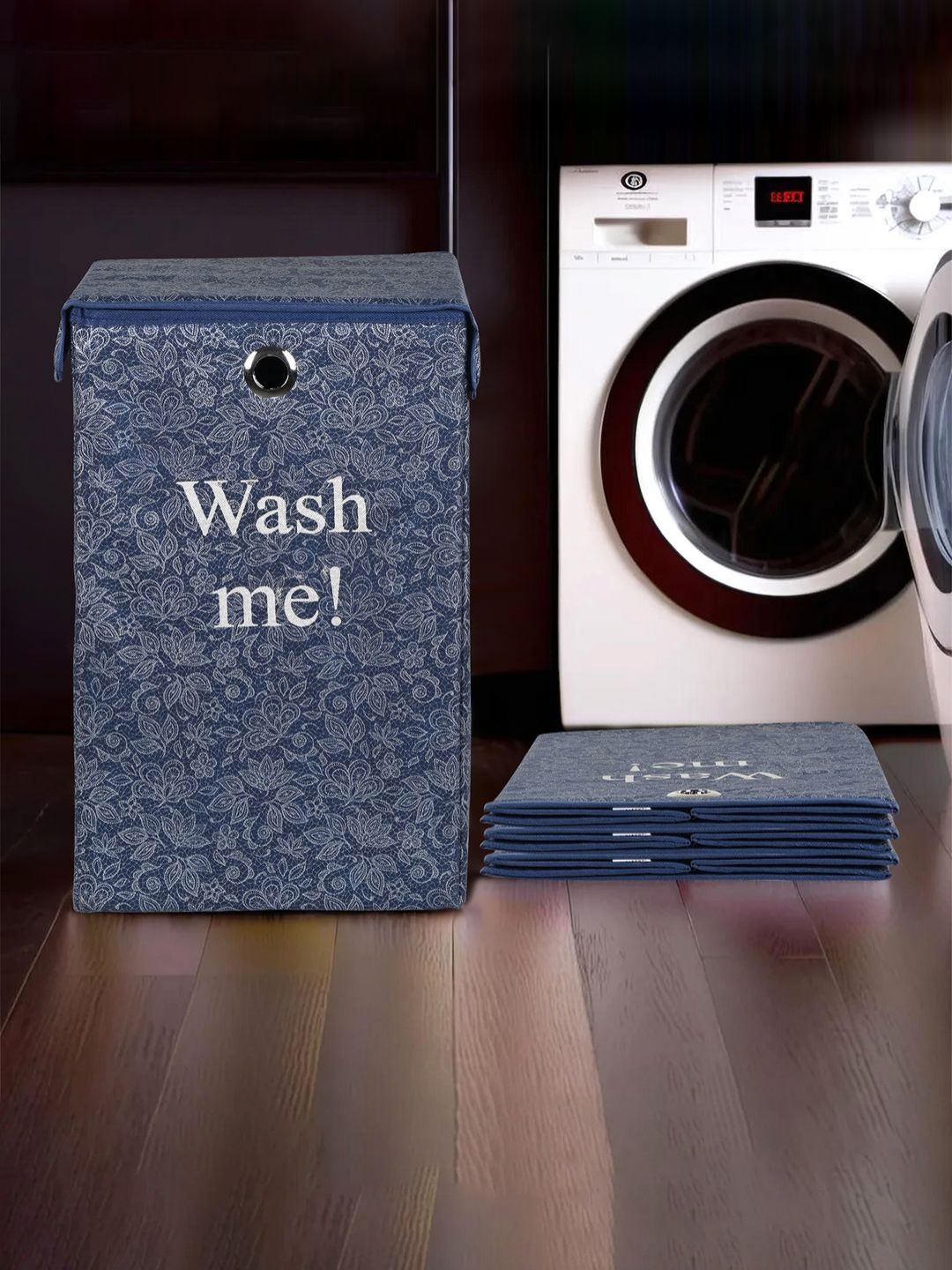 Aura 4Pcs Navy Blue & White Printed Foldable Laundry Bags With Lid & Ring - 75 L Each-picture-42