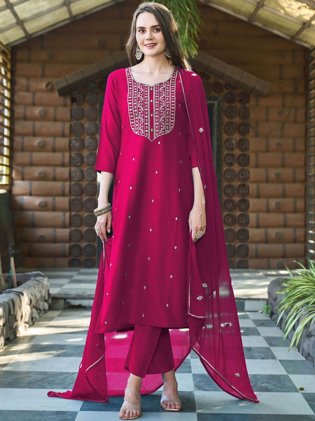 KALINI Women Ethnic Motifs Embroidered Kurta with Trousers & Dupatta
