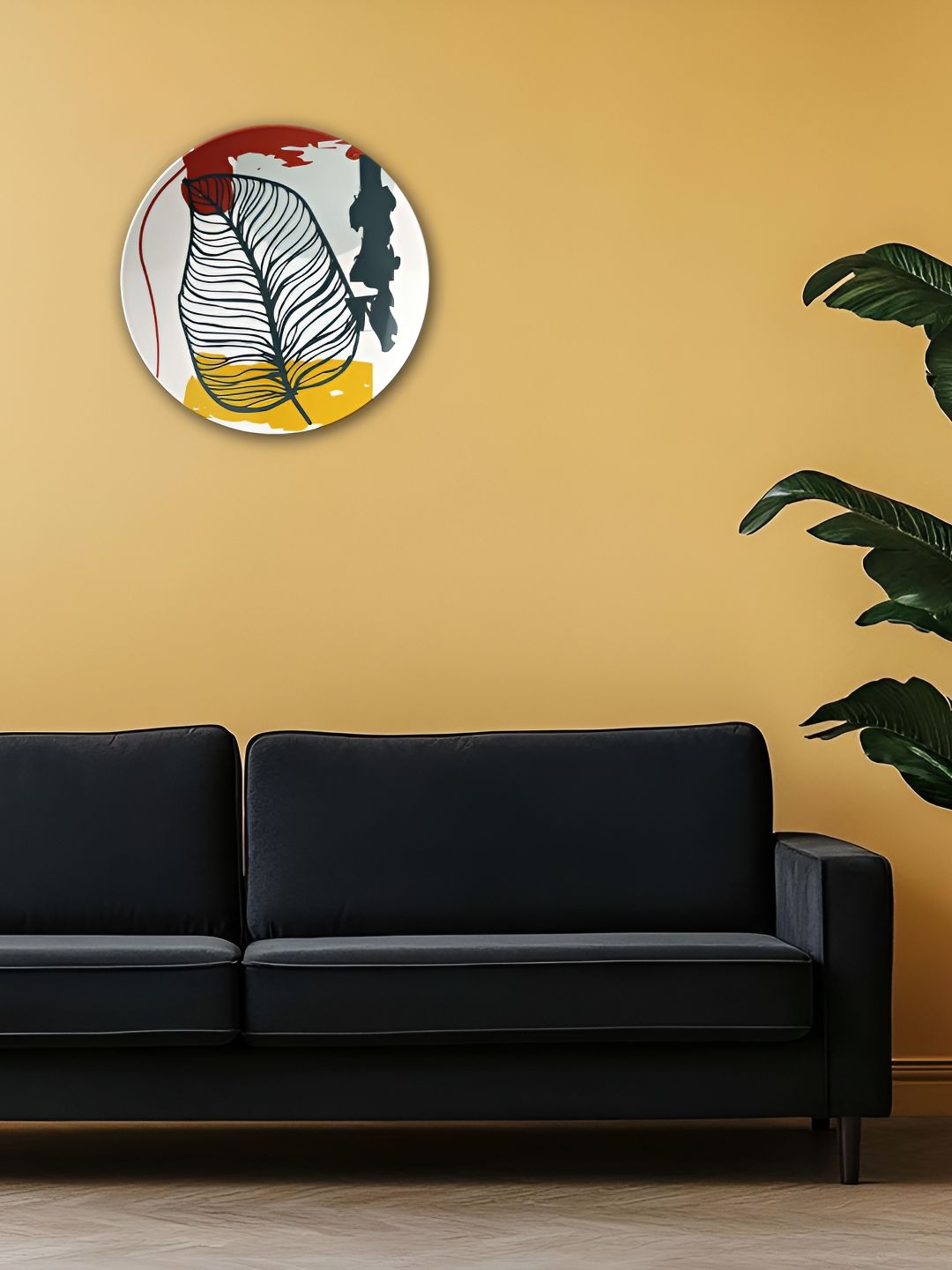 THE QUIRKY HOME Green & White Leaf & Color Block Printed Ceramic Wall Plates-picture-31