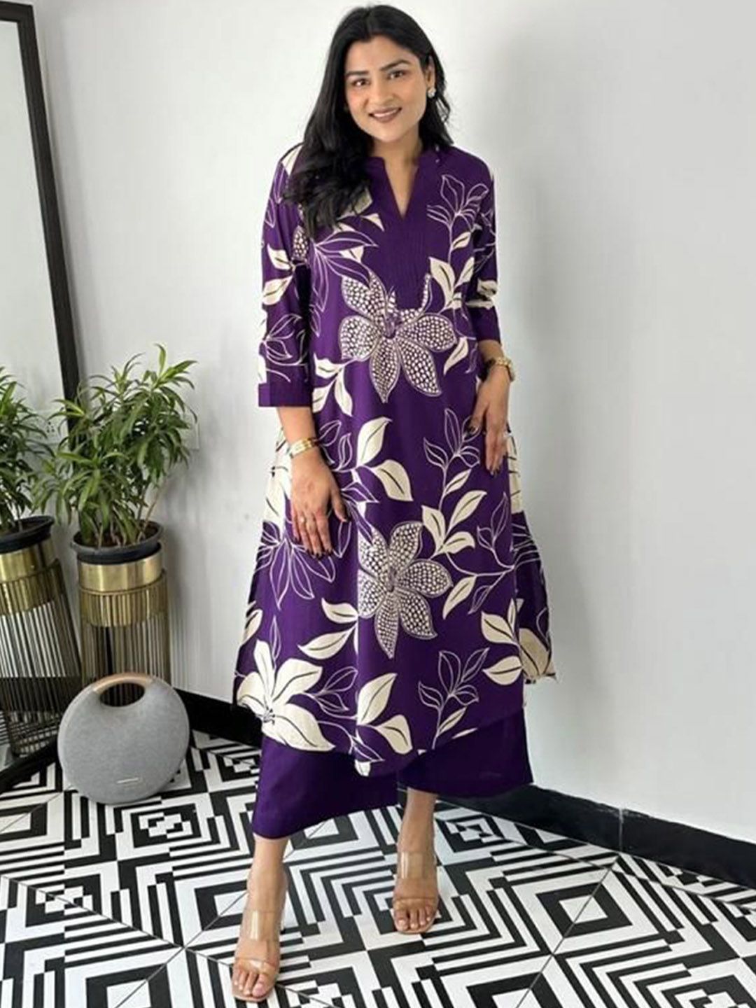 Fabinn Women Floral Printed Regular A-Line Pure Cotton Kurta with Palazzos