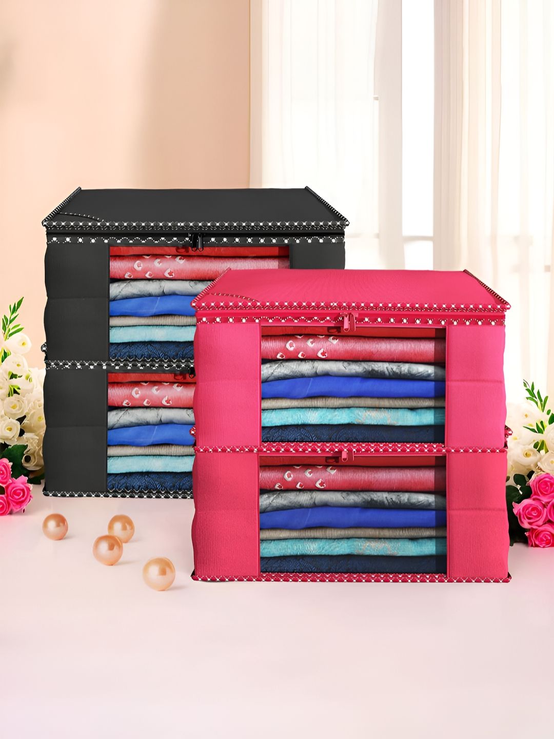Aura Black & Pink 4 Pieces Hathkadi Piping Non-Woven Multi-Utility Organisers-image-32