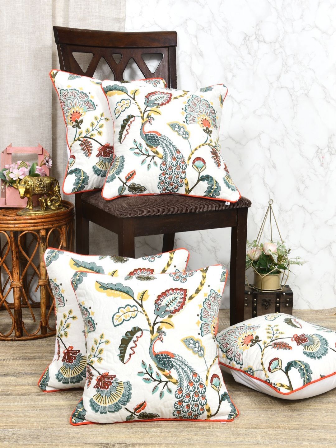 Clasiko White & Green 5 Pieces Floral Printed Cotton Square Cushion Covers-image-39